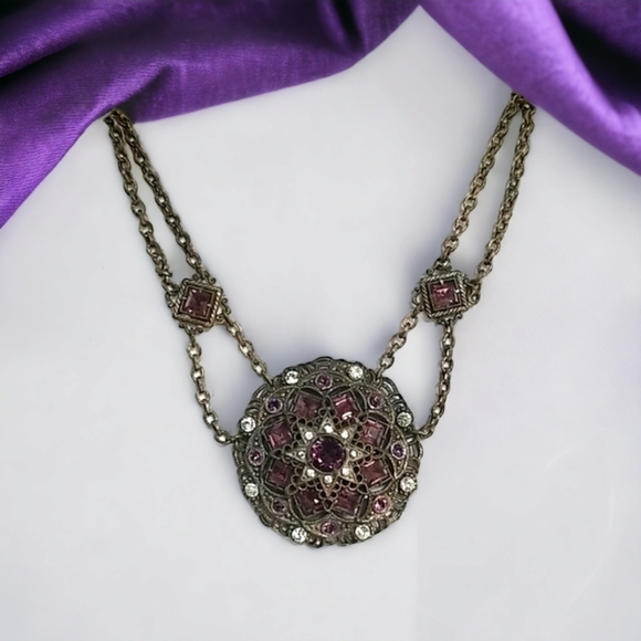 Vintage Antique 1920s Art Deco Gold Tone Brass Rhinestone Medallion Necklace - Picture 2 of 16